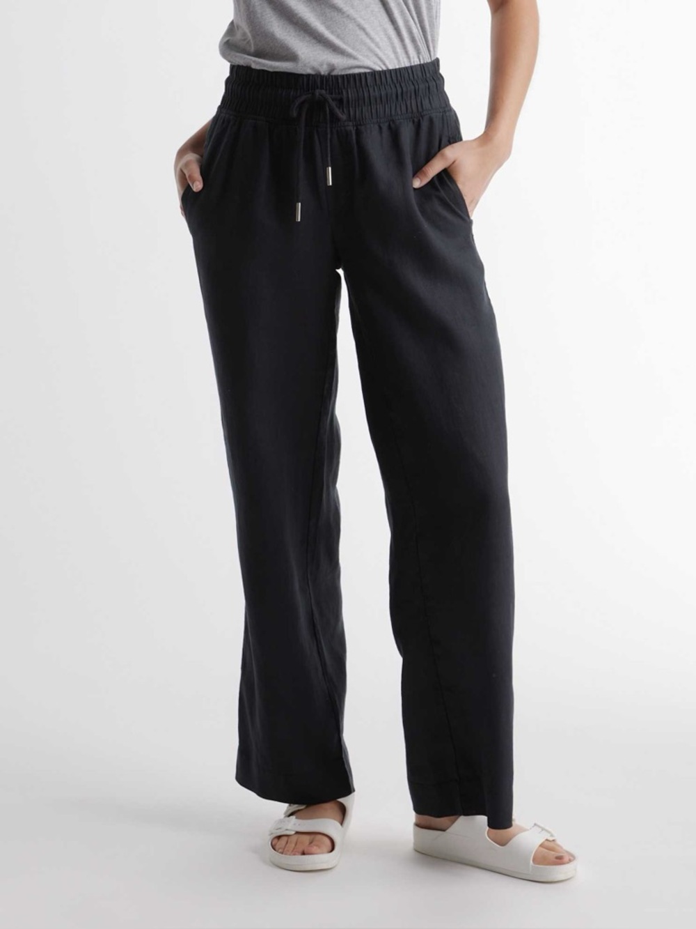 Quince Black Linen Drawstring Wide Leg Pants